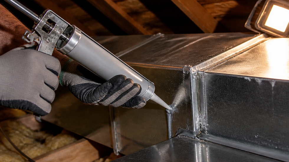 Technician applying mastic sealant to a ductwork joint to stop air leaks