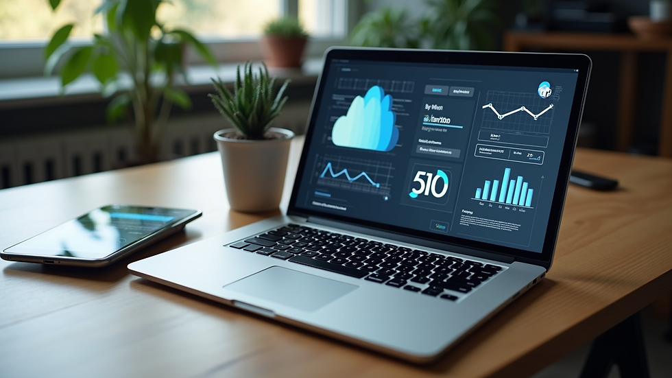 High angle view of a desk with multiple digital marketing tools on a laptop and tablet