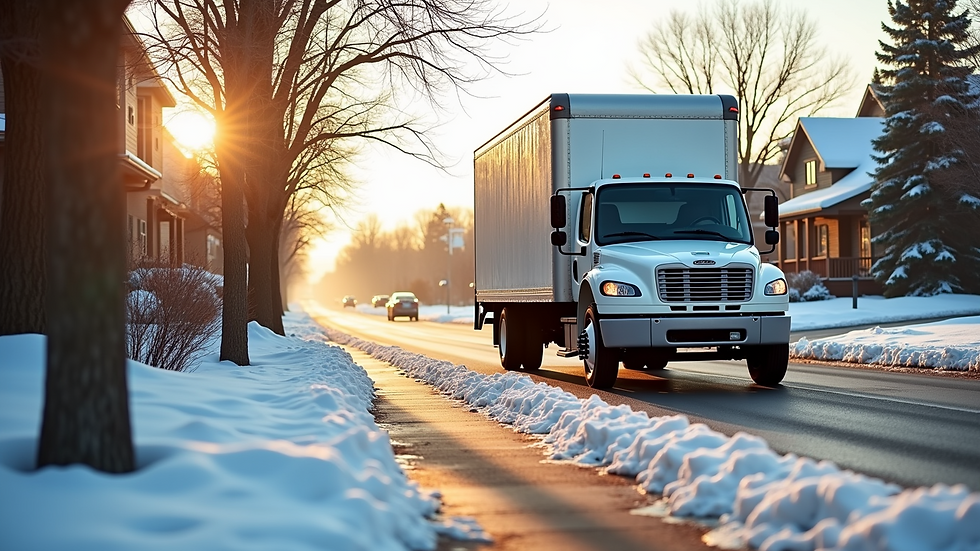 High angle view of a moving truck parked on a snowy Colorado street