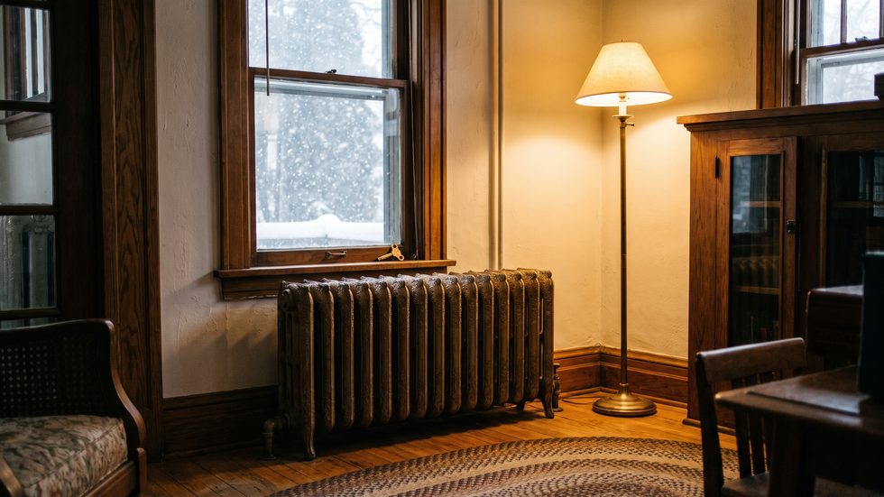 Cast iron radiator beneath a window in an older Chicago bungalow with snow falling outside