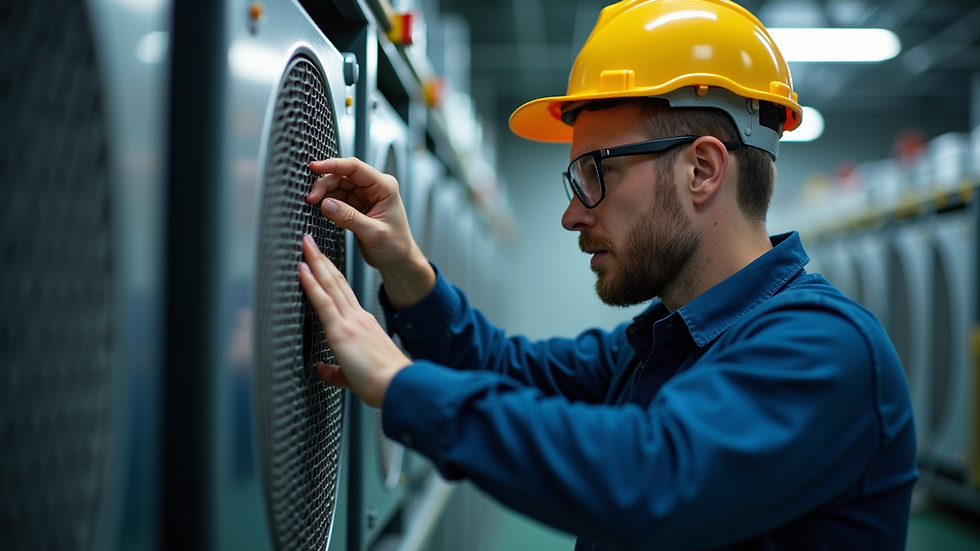 Close-up view of a technician inspecting commercial HVAC equipment