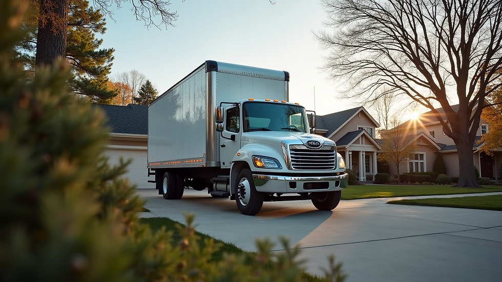 Eye-level view of a moving truck parked outside a residential home