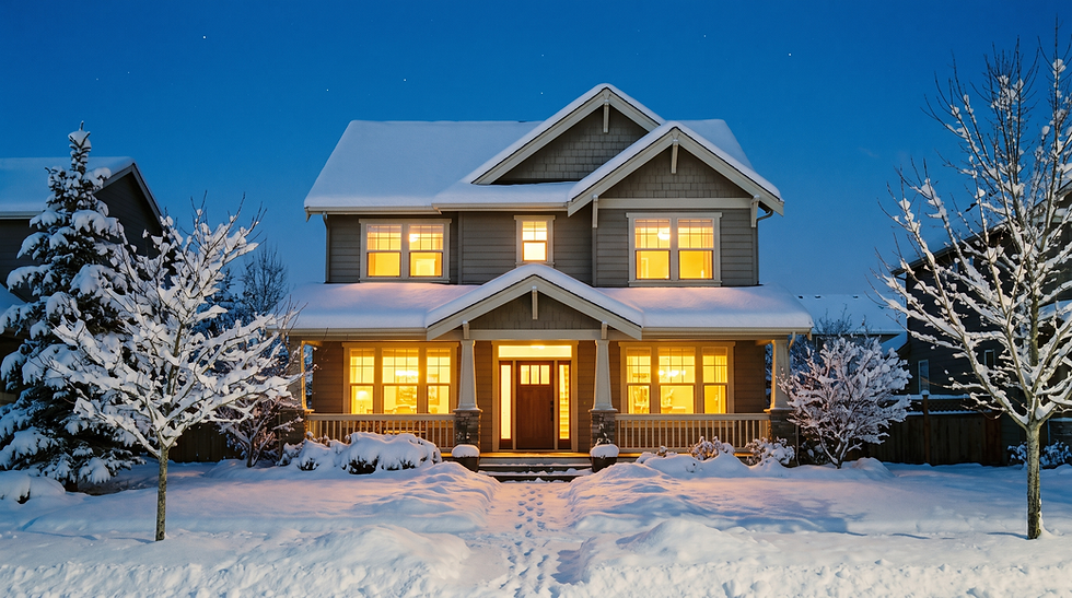 Snow-covered suburban Chicago house at dusk with warm light glowing in the windows