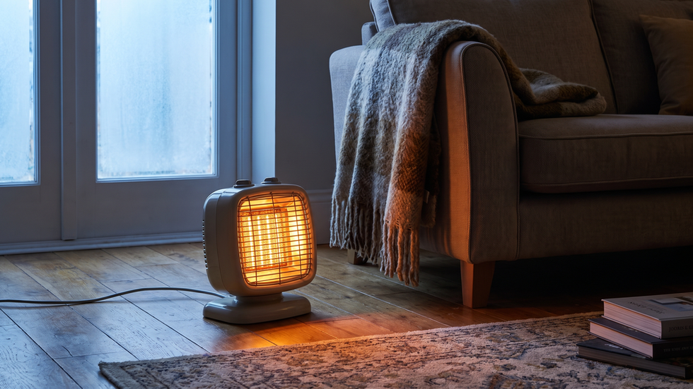 Portable electric space heater glowing on a hardwood floor in a chilly living room in winter