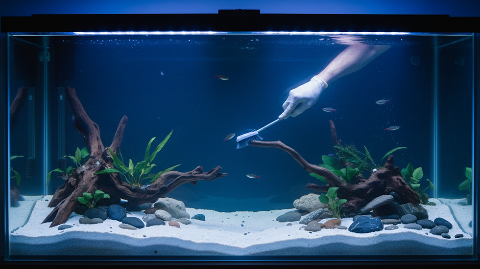 Eye-level view of a technician cleaning a medium-sized freshwater aquarium