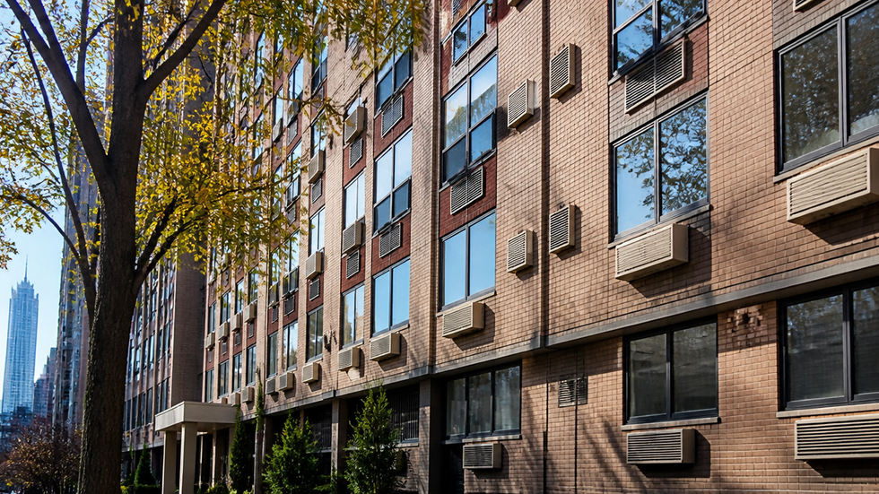 PTAC and through-wall air conditioning units mounted beneath windows on a Chicago condo building