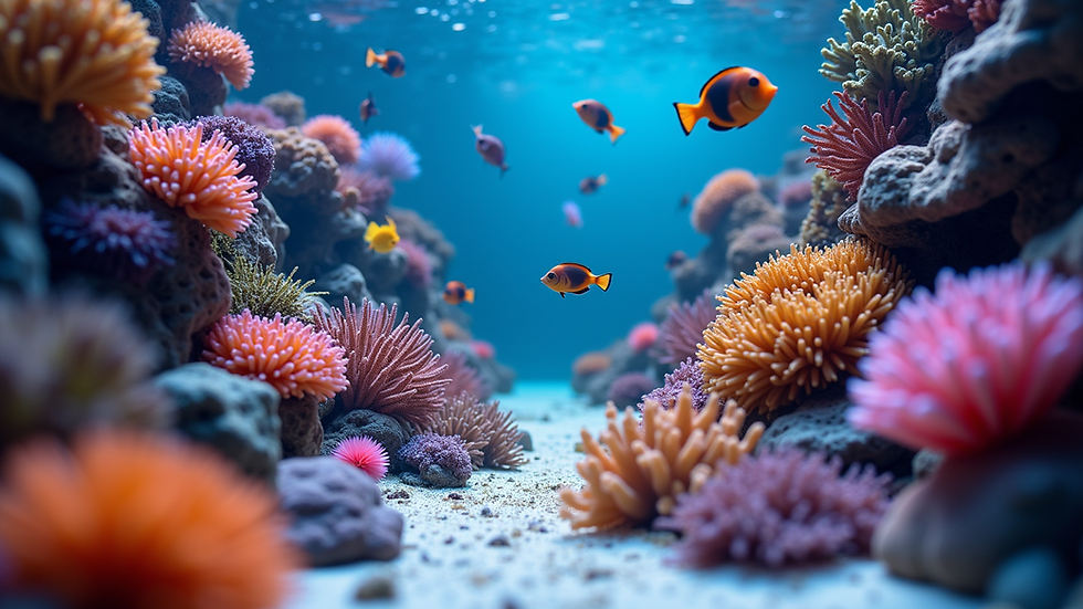 Close-up view of a vibrant coral reef aquarium