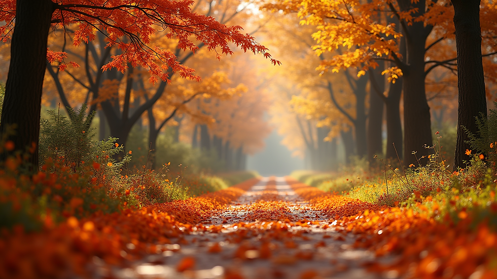 Eye-level view of a colorful autumn landscape with falling leaves