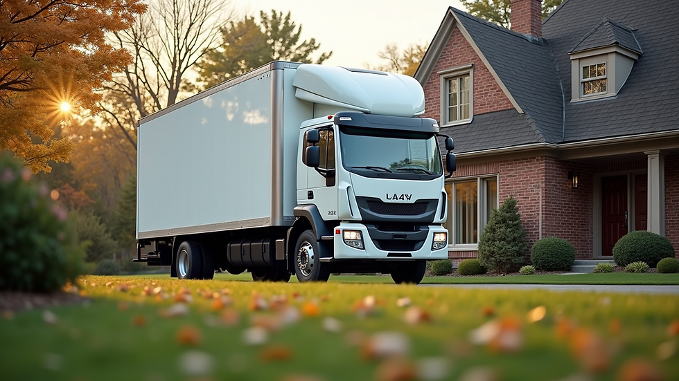 Eye-level view of a moving truck parked in front of a house