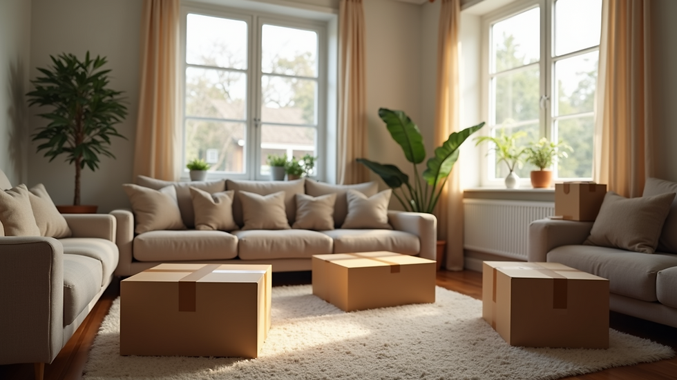 Eye-level view of a cozy living room filled with moving boxes
