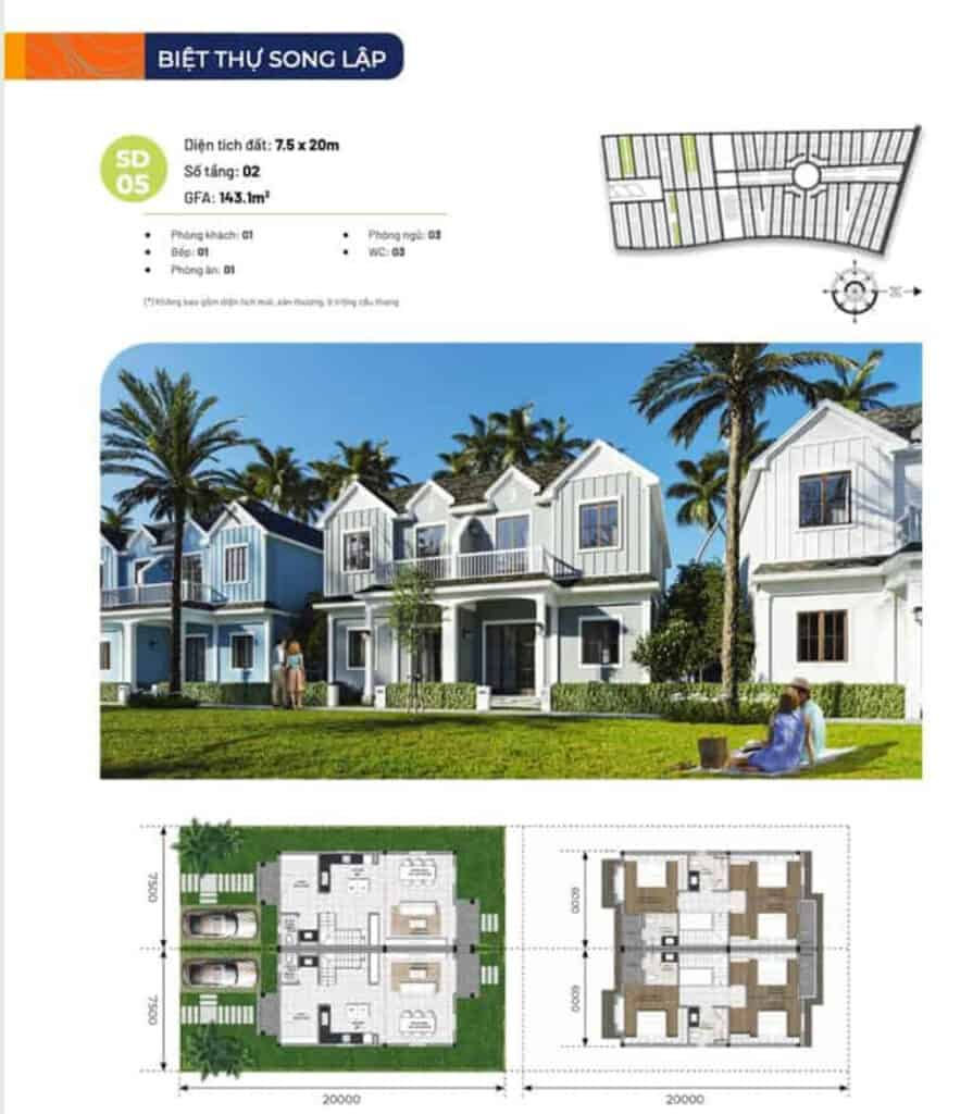 Layout căn SD05 biệt thự song lập 7.5x20m Festival Town Novaworld Phan Thiết