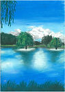 pastel drawing of a lake with trees