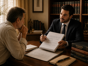 Advogado e cliente conversam em um escritório jurídico clássico, diante de documentos e livros de Direito. O advogado explica o processo enquanto o cliente escuta com atenção, em ambiente acolhedor e elegante.
