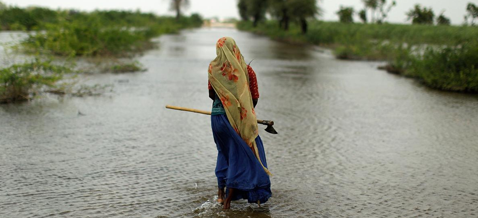 Tribal Pakistani woman with an axe in her hand, standing in a flooded field