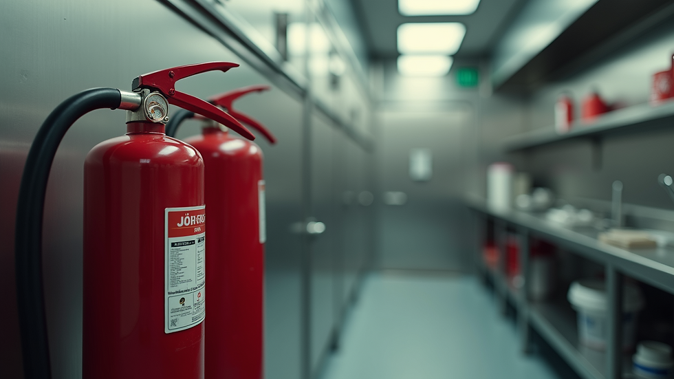 Eye-level view of a fire extinguisher on a wall in a commercial kitchen