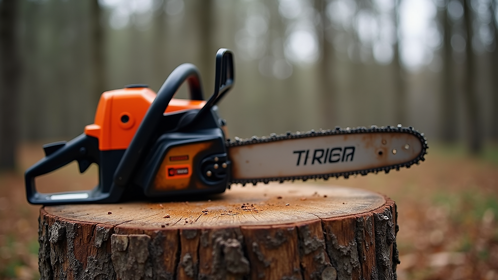 Eye-level view of a chainsaw resting on a wooden stump
