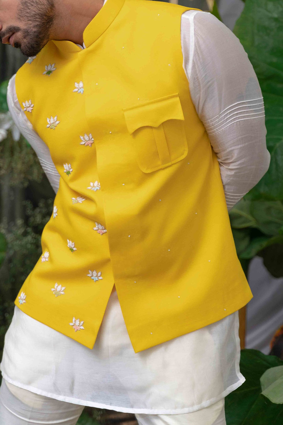 Thumbnail: Yellow Lotus Patch Pocket Embroidered Bundi / Nehru Jacket Set