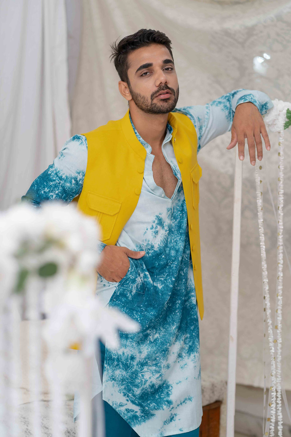 Thumbnail: Yellow Solid Patch Pocket Bundi / Nehru Jacket