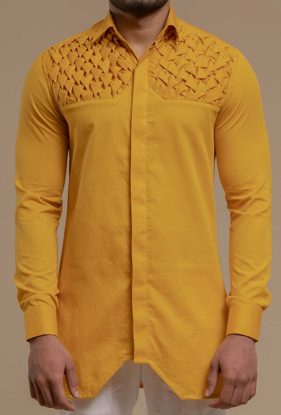 Thumbnail: Mustard Smocking short kurta/Tuxedo shirt