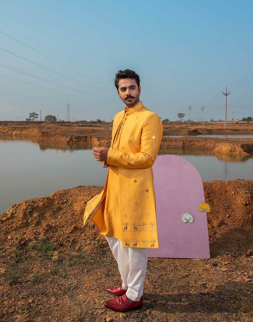 Thumbnail: Ocher Gold Reindeer Sherwani Set