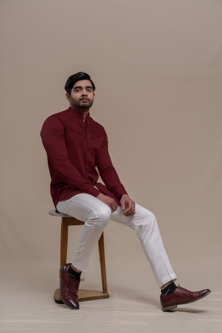 Thumbnail: Maroon Smocking Short Kurta/Tuxedo Shirt