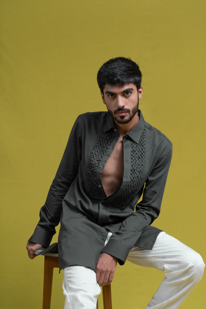 Thumbnail: Smoke Grey Smocking Short Kurta/Tuxedo Shirt