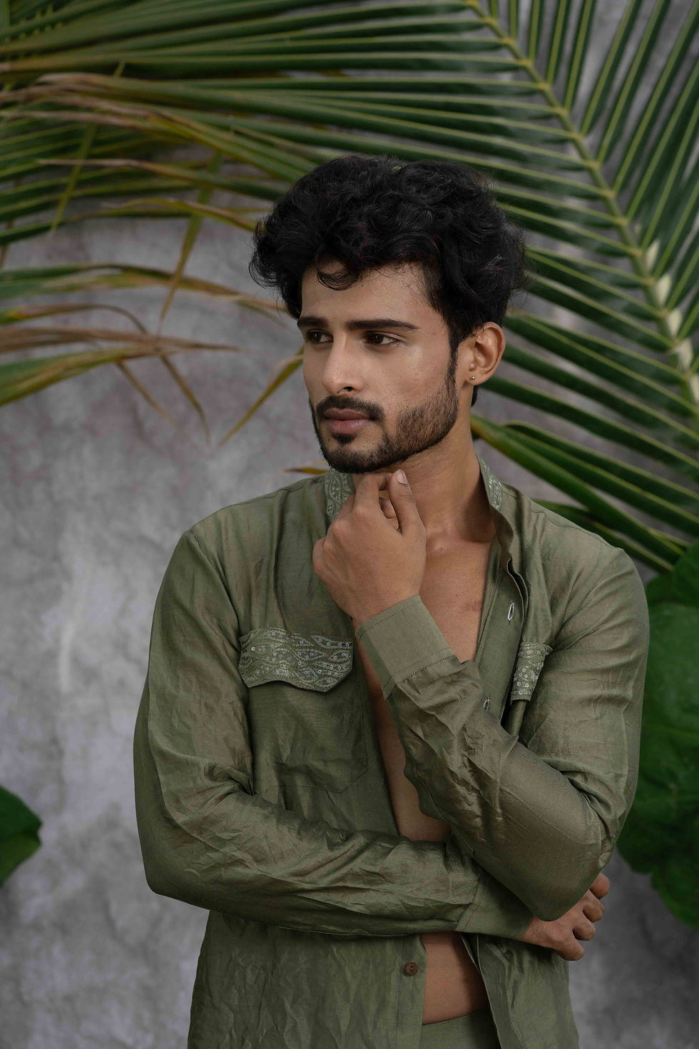 Thumbnail: Olive Green Crushed & Embroidered Shirt Kurta Set