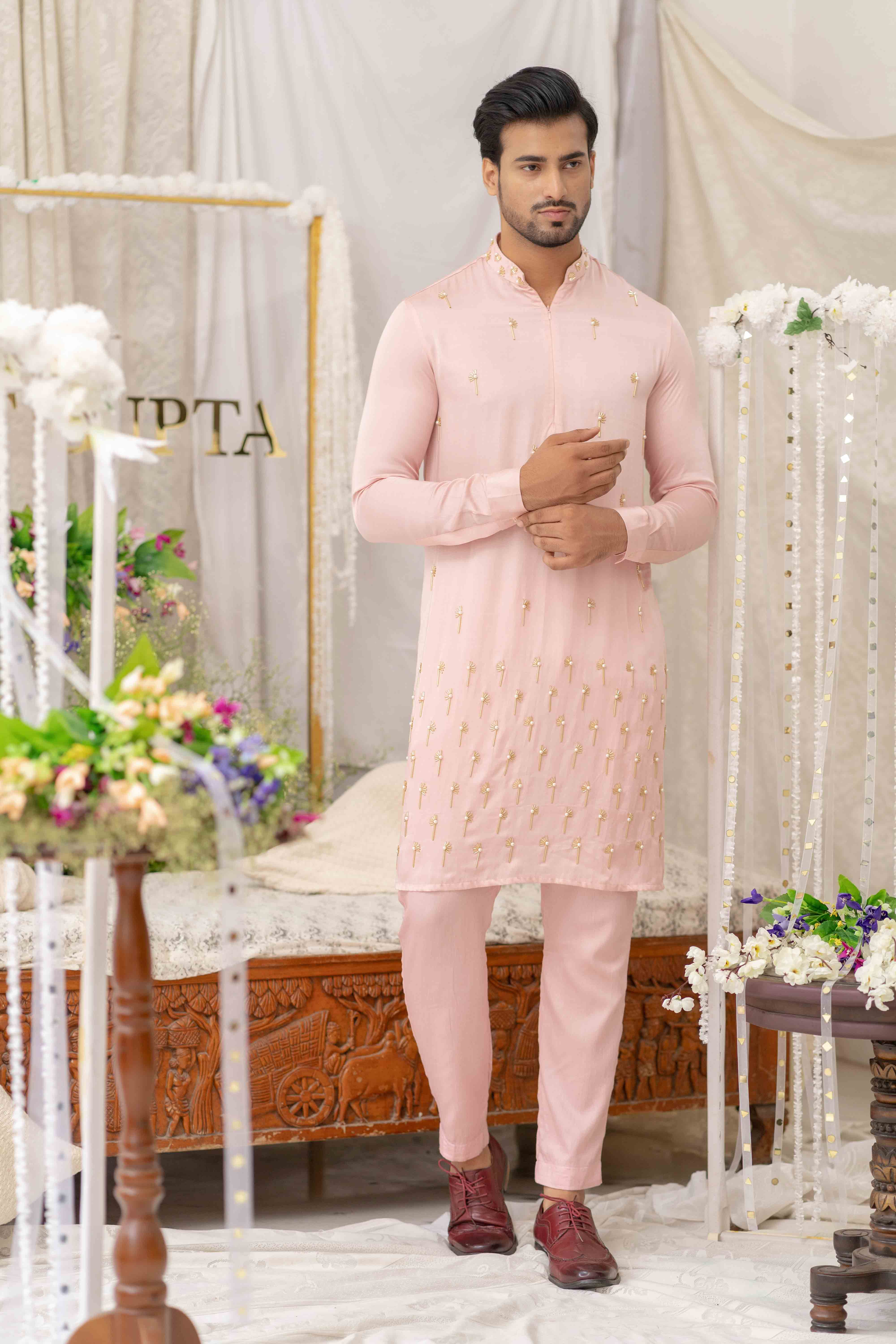 Pastel Coral Cutpipe Embroidered Kurta Set