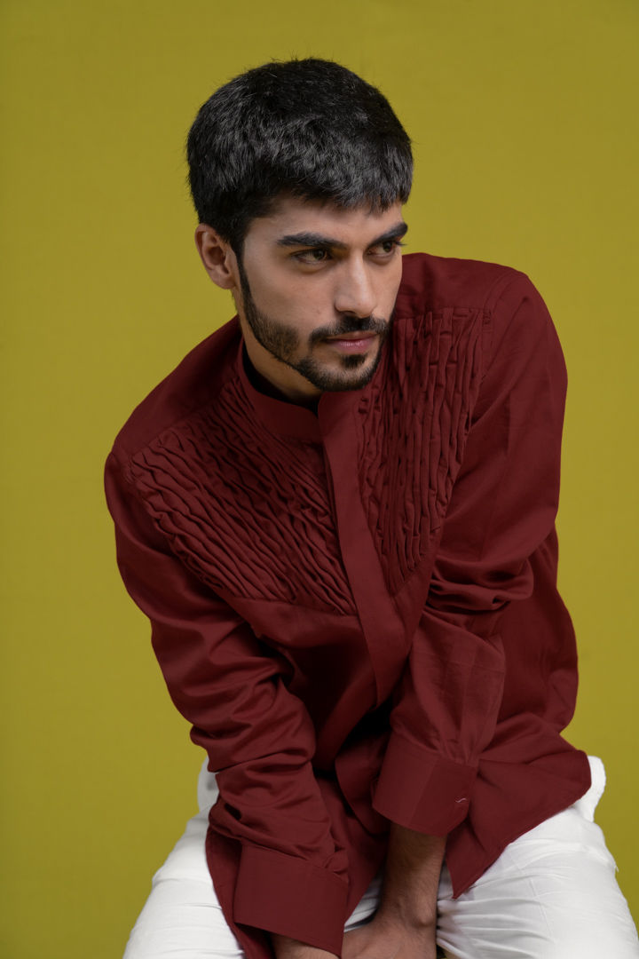 Thumbnail: Maroon Smocking Short Kurta/Tuxedo Shirt
