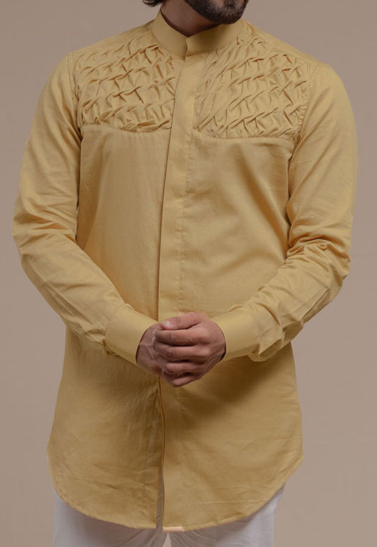 Thumbnail: Cream Smocking Short Kurta/Tuxedo Shirt Set