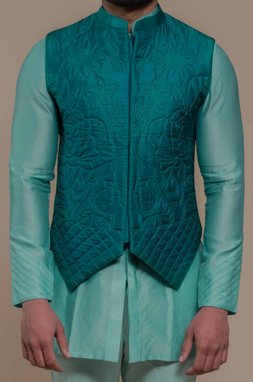 Thumbnail: Turquoise Handquilted Silk Half Jacket