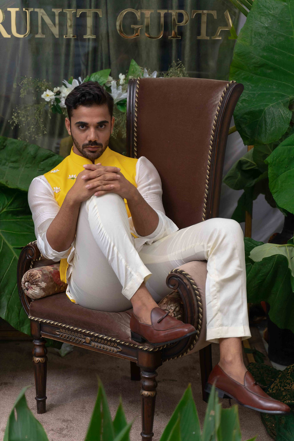 Thumbnail: Yellow Lotus Patch Pocket Embroidered Bundi / Nehru Jacket Set