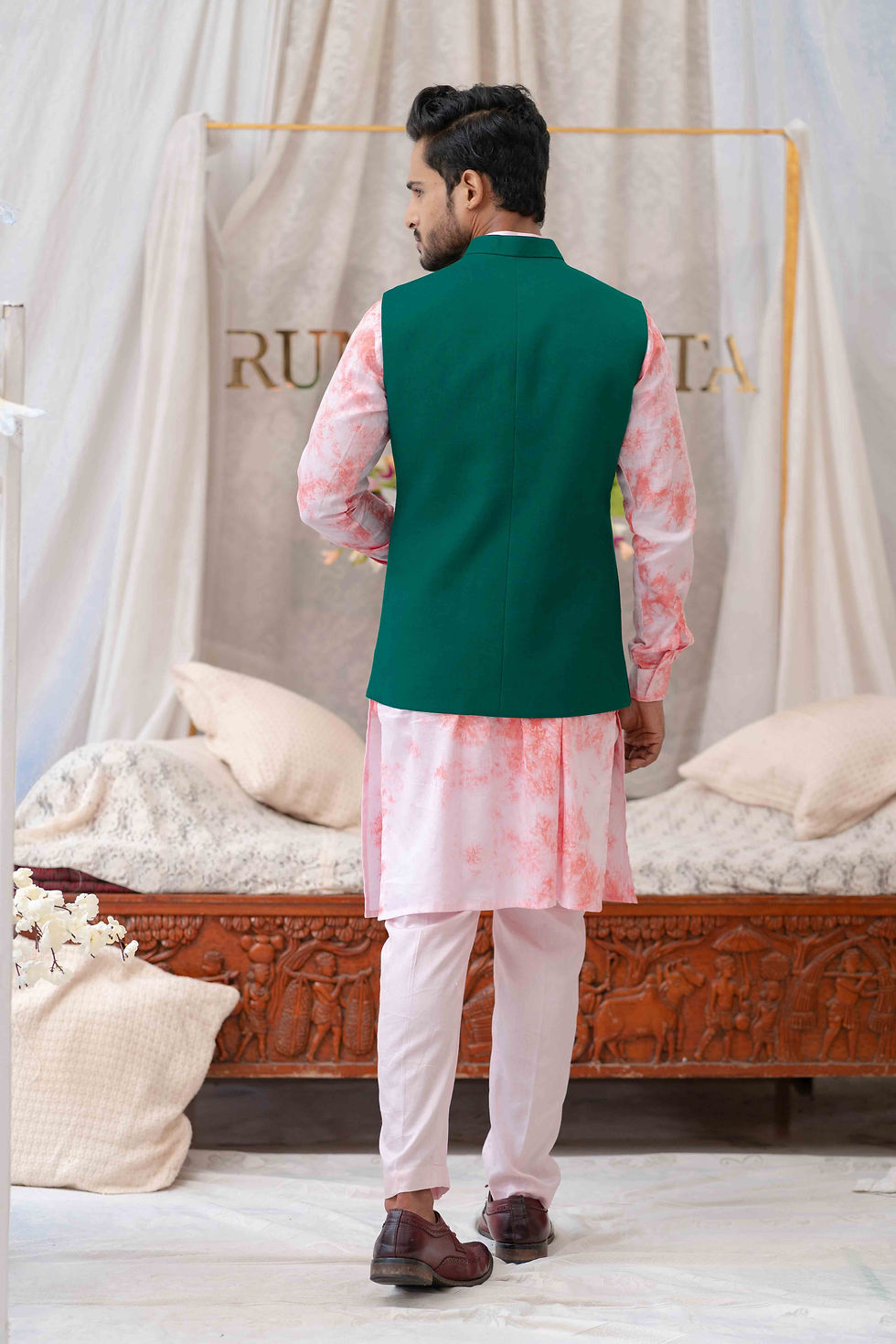 Thumbnail: Green Solid Pintucks  Bundi / Nehru Jacket