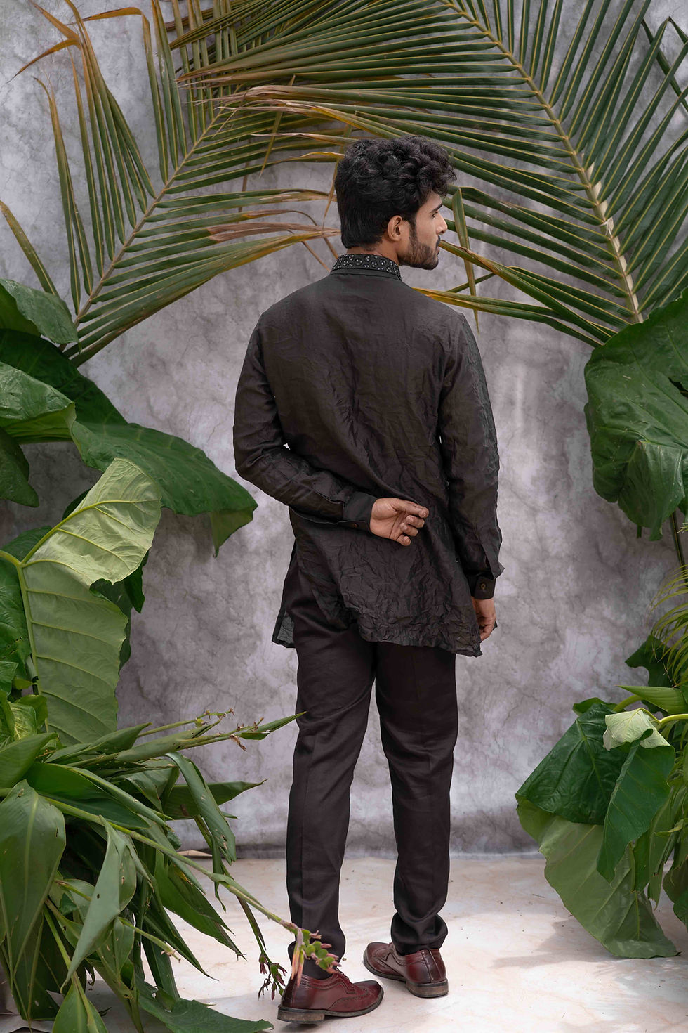 Thumbnail: Black Crushed & Embroidered Shirt Kurta Set