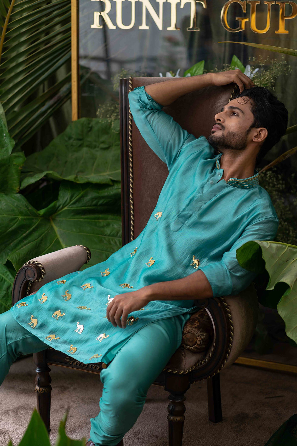 Thumbnail: Airy Aqua Camel Embroidered Kurta Set