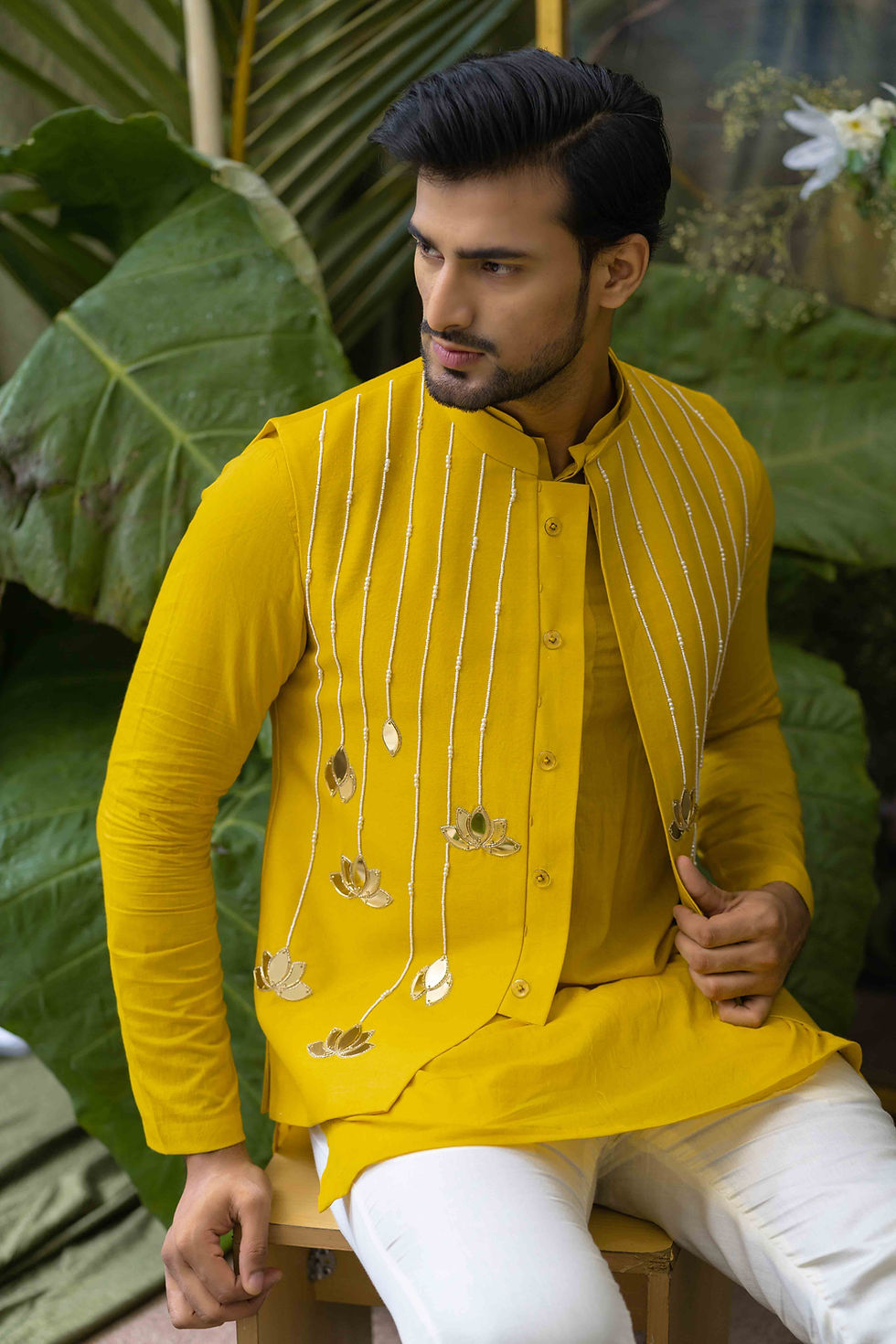 Thumbnail: Marigold Lotus Embroidered Bundi / Nehru Jacket Only