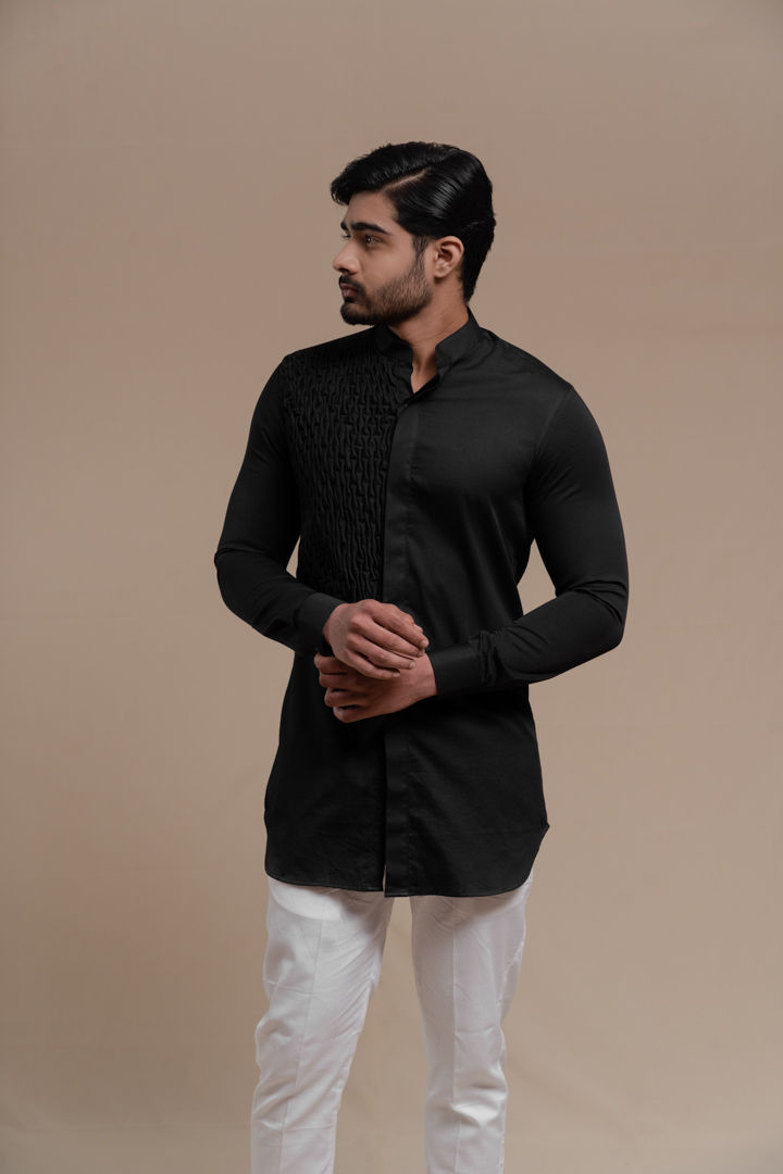 Thumbnail: Black Smocking Short Kurta/Tuxedo Shirt