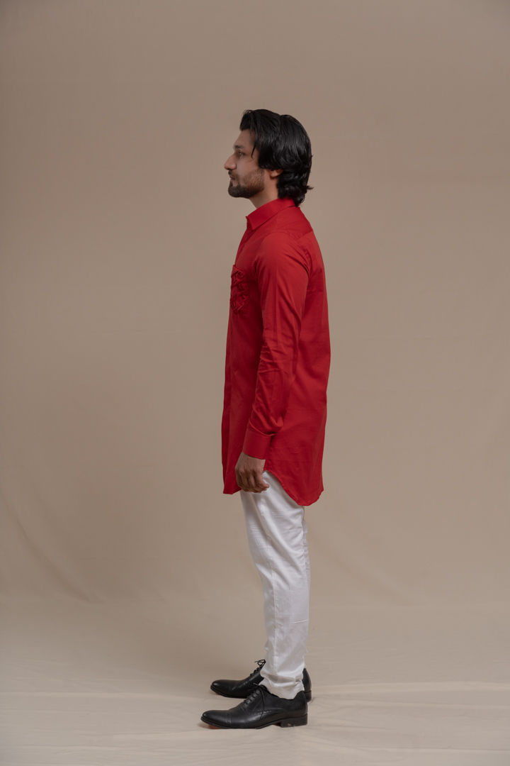 Thumbnail: Red Smocking Short Kurta/Tuxedo Shirt