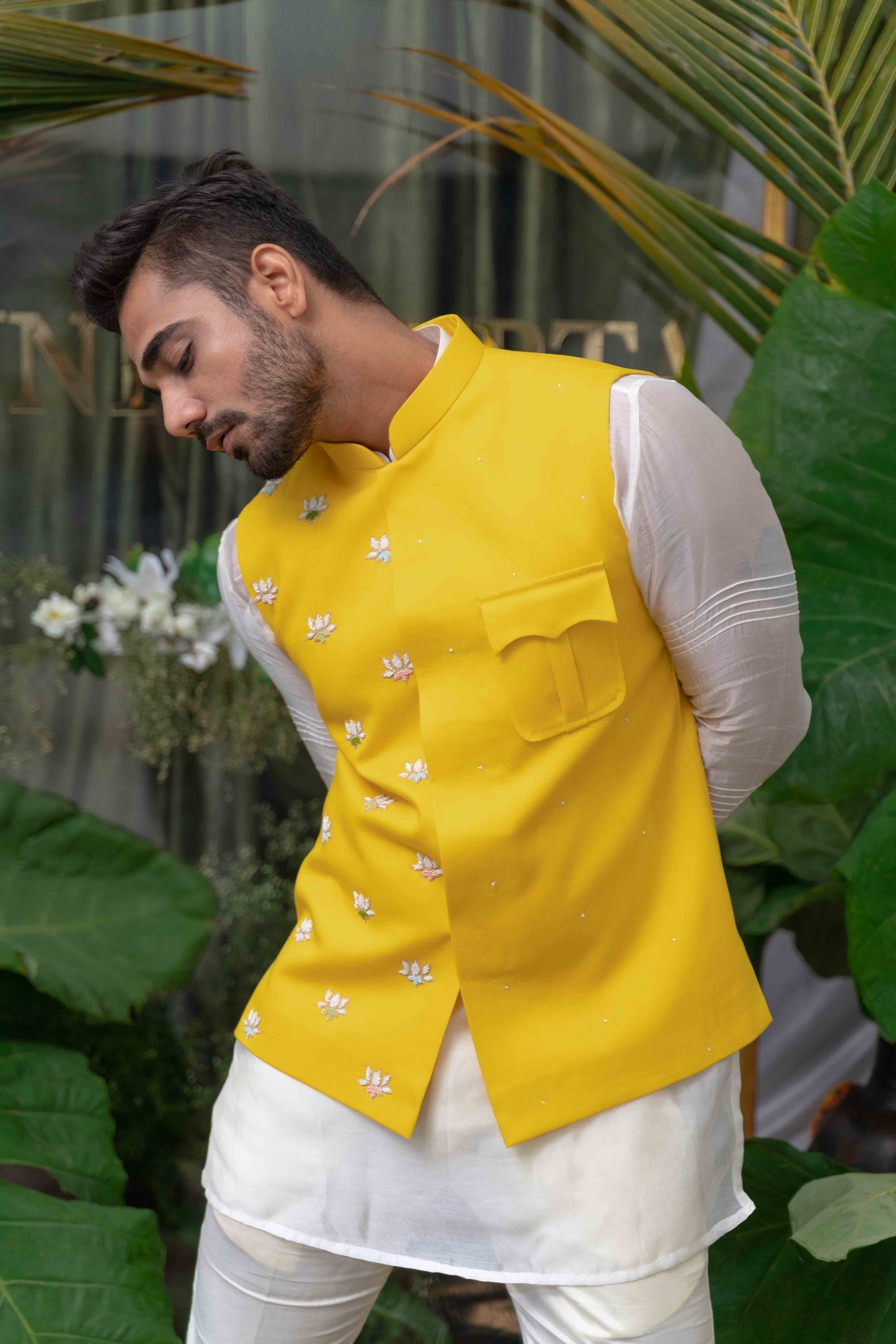 Yellow Lotus Patch Pocket Embroidered Bundi / Nehru Jacket Only