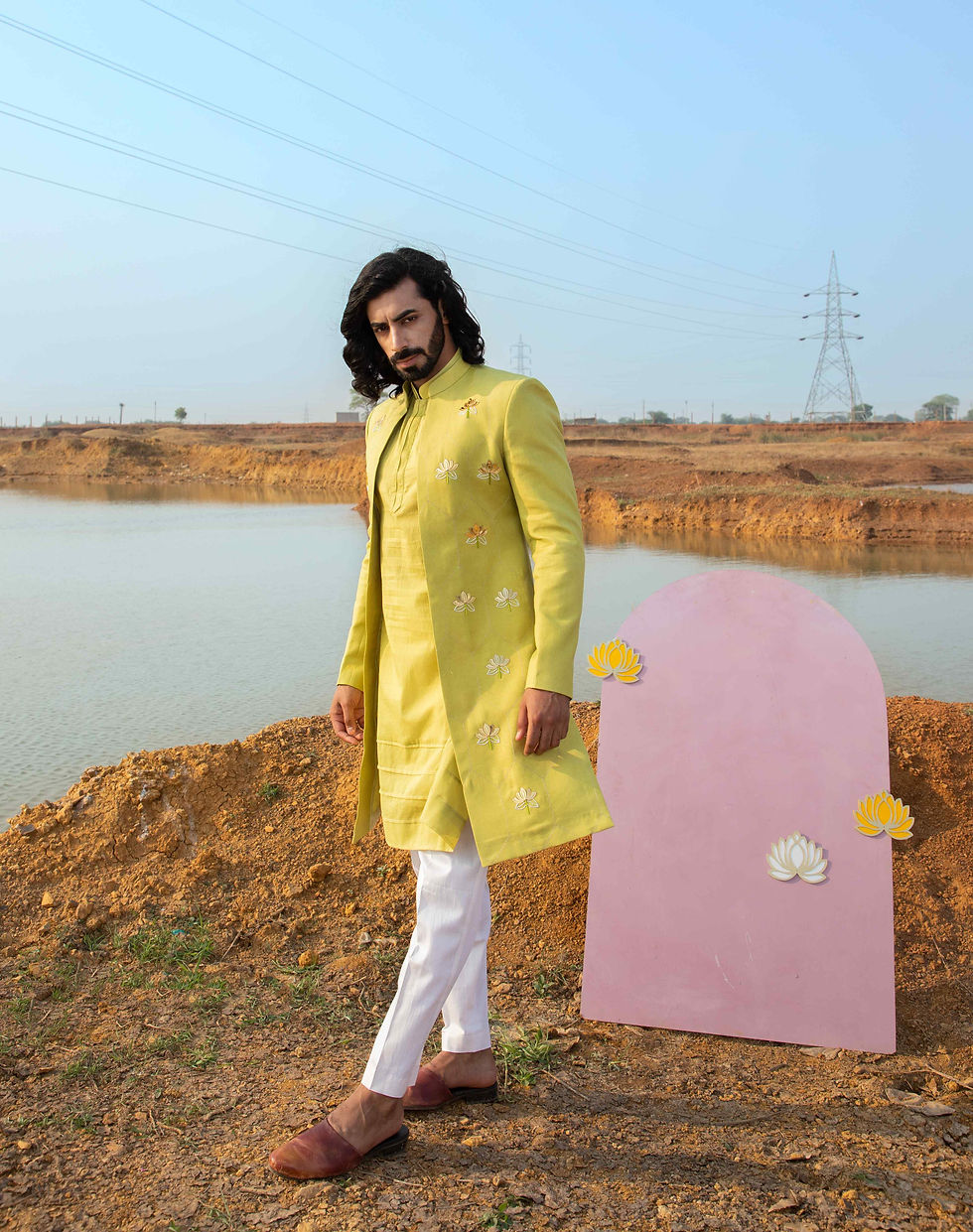 Thumbnail: Green Lotus Embroidered Sherwani Set