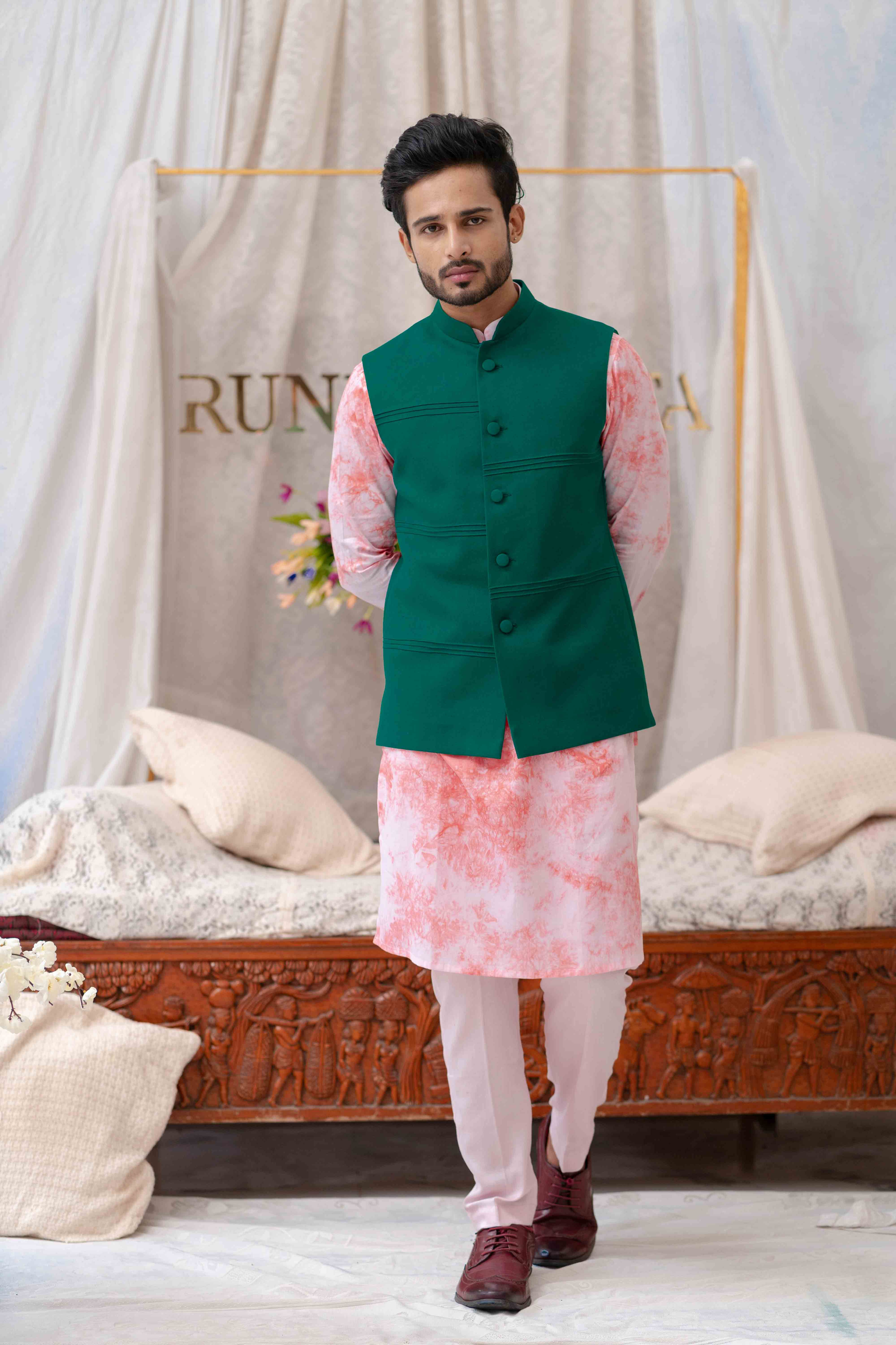 Green Solid Pintucks  Bundi / Nehru Jacket