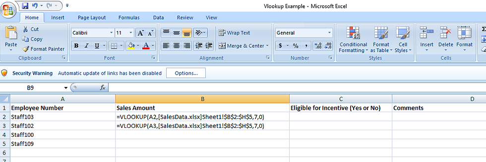 Vlookup Formulas displayed