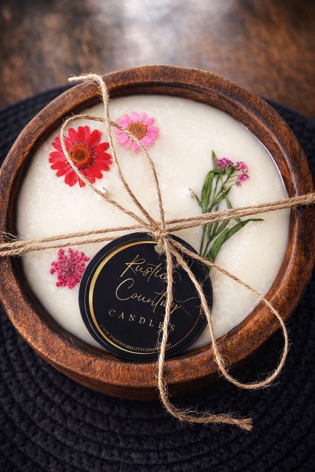 Spring Round Wood  Dough Bowl Candle