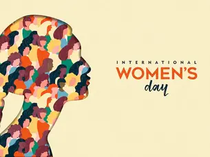 words "International Women's Day", with an abstract image of a woman's face made up by many other women's faces