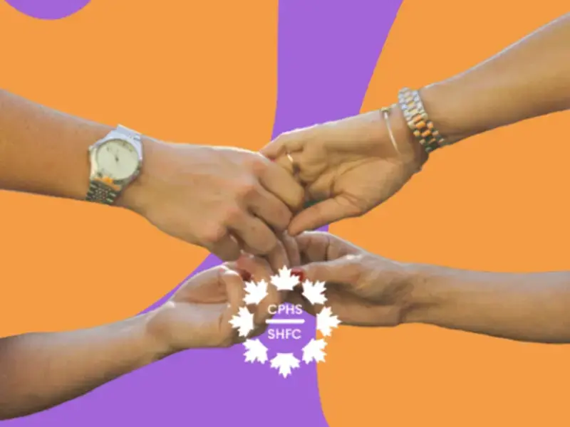 4 hands coming together, with the logo for Canadian Pride Historical Society