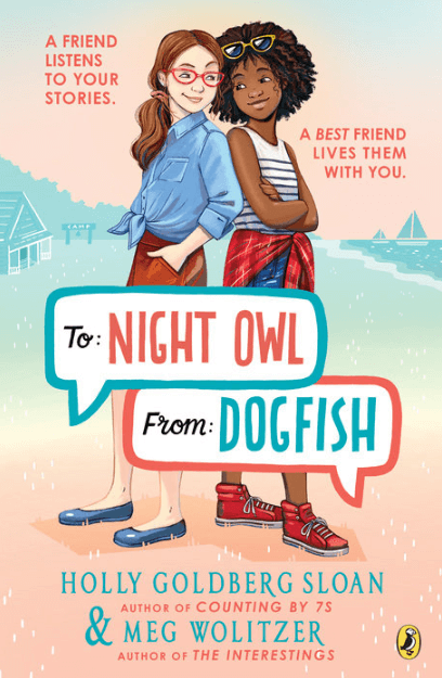 Book cover. Title: To: Night Owl, From: Dogfish. Holly Goldberg Sloan, author of Counting by 7s, & Meg Wolitzer, Author of The Interestings. Taglines: A friend listens to your stories. A best friend lives them with you. Illustration of 2 girls standing back to back.