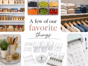 Bright flat lay of clear organizing products arranged on a warm white surface, clear bins, lazy susan, shelf dividers, spice rack, utensil tray, soft warm shadows, feels shoppable and inviting, light and airy