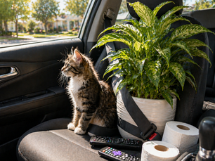Cat sitting in passenger seat of a car with toilet paper rolls and remote controls on the seat beside it, small potted plant on the dashboard, bright sunny day