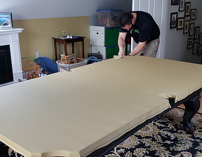 Maine Pool Table Services, cutting pockets into pool table felt. We travel thoughout Maine & NH