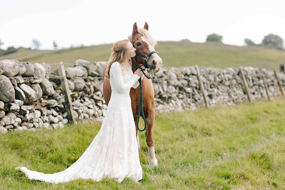 Bride in a white dress kisses a chestnut horse in a grassy field beside a stone wall, with a soft, romantic mood.